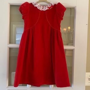 🎄Sarah Louise England red velvet dress with lace collar 4 yrs